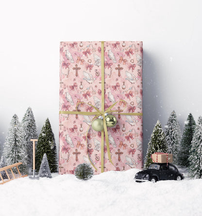Baptism Gift Wrapping Paper Watercolor Coquette | Christian Baby Girl Christening Gift Wrap #16