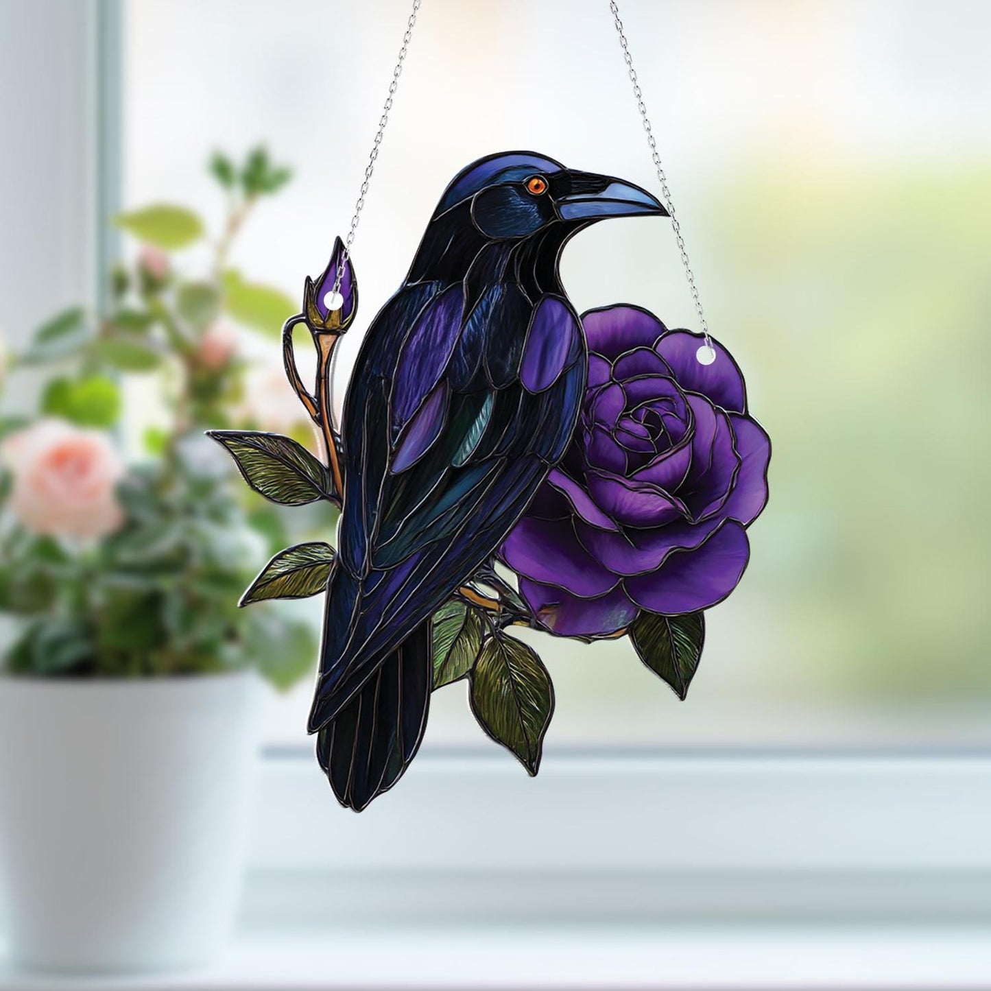 Raven and Purple Rose Window Hanging, Gothic Bird Floral Decor, Witchcore Room Accent, Mystical Raven Gift, Dark Aesthetic Window Art