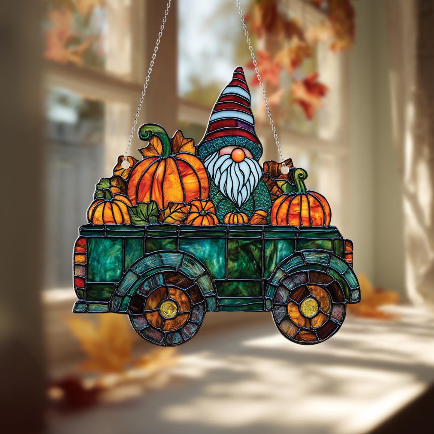 Gnome Pumpkin Truck Window Hanging, Fall Gnome Window Decor, Autumn Farmhouse Accent, Cute Pumpkin Truck Art, Thanksgiving Window Gift