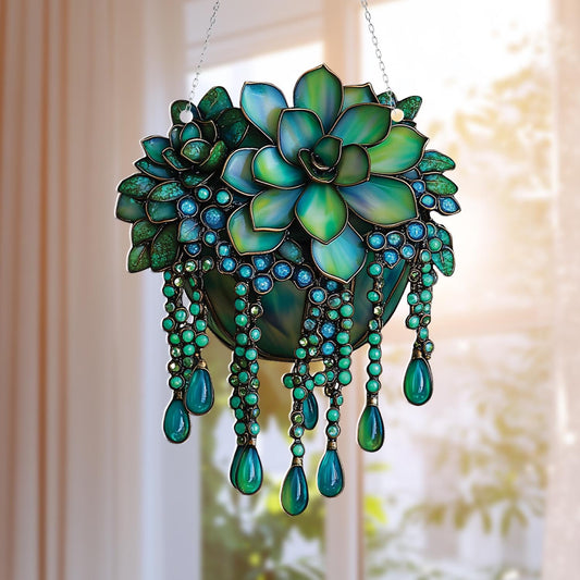 Hanging Succulent Pot Window Decor with Crystals, Green Plant Window Art, Boho Nature Room Accent, Housewarming Gift for Plant Lovers