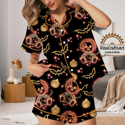 Chucky Neon Halloween Pajama Set | Cute Horror Doll Sleepwear | Women’s Spooky PJs with Pumpkins & Bats | Scary Movie Gift