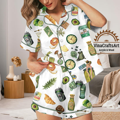 Green Foodie Pajama Set | Women’s Eclectic Breakfast & Brunch PJs | Avocado Pretzel Artichoke Sleepwear | Fun Food Lover Gift