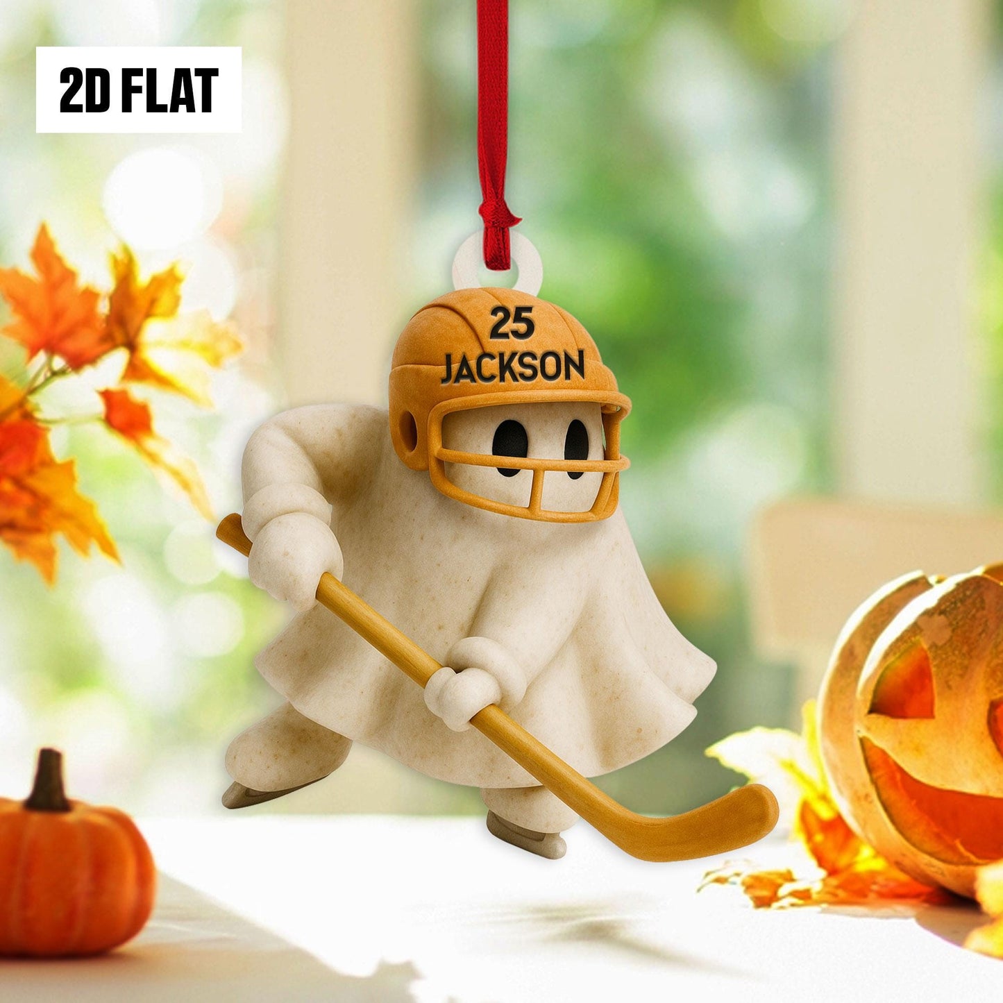 Personalized Hockey Ghost 2D Flat Ornament, Custom Name Ghost with Bat, Fall Sports Gift for Kids & Hockey Fans, Halloween Hanging Window