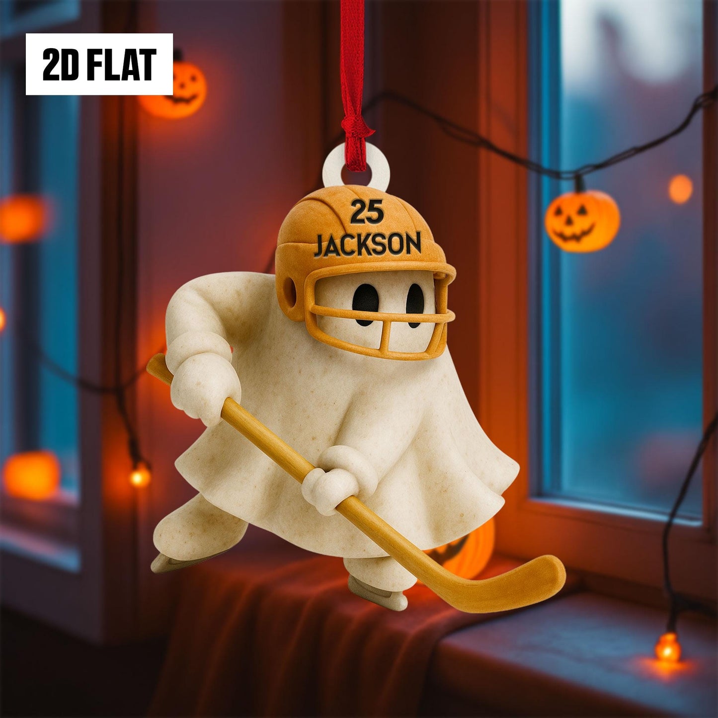 Personalized Hockey Ghost 2D Flat Ornament, Custom Name Ghost with Bat, Fall Sports Gift for Kids & Hockey Fans, Halloween Hanging Window