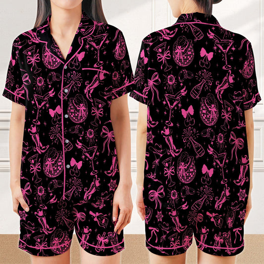Disco Cowgirl Bachelorette Pajama Set, Coquette Pink Bow Satin Sleepwear, Cowgirl Martini Pajamas, Western Bridal Party PJs, Girly Pajamas