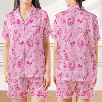Disco Cowgirl Bachelorette Pajama Set, Coquette Pink Bow Satin Sleepwear, Cowgirl Martini Pajamas, Western Bridal Party PJs, Girly Pajamas