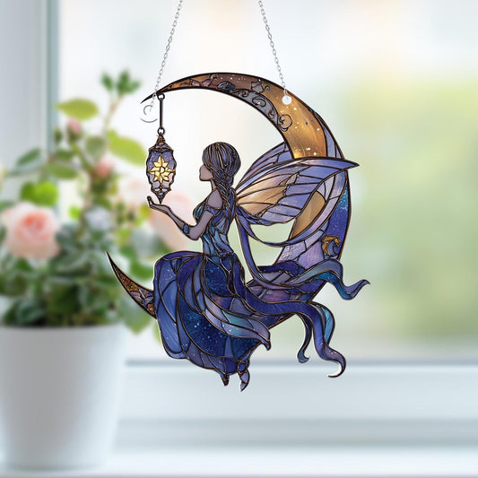 Moon Fairy Window Hanging with Lantern – Dreamy Night Sky Decor for Fantasy Lovers, Whimsical Celestial Art for Home or Gift Giving