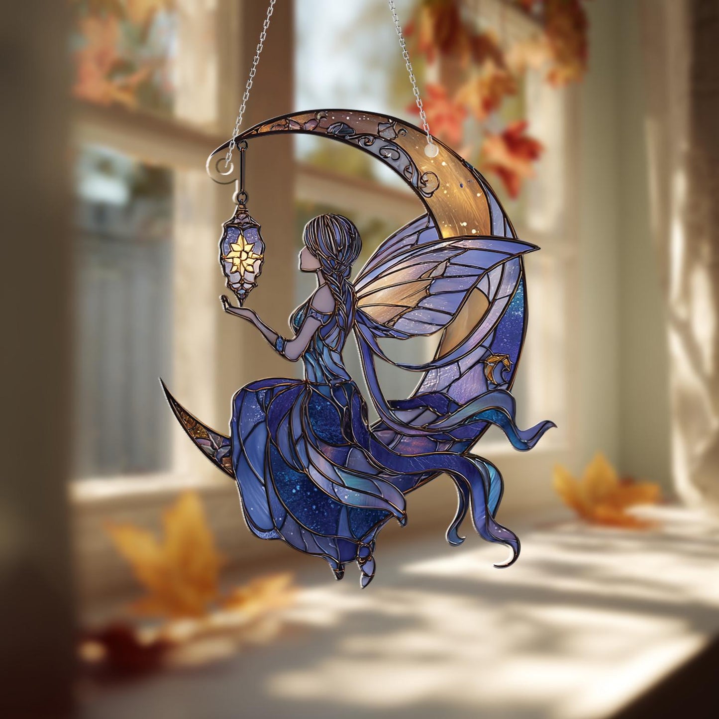 Moon Fairy Window Hanging with Lantern – Dreamy Night Sky Decor for Fantasy Lovers, Whimsical Celestial Art for Home or Gift Giving