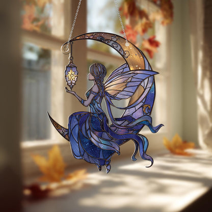 Moon Fairy Window Hanging with Lantern – Dreamy Night Sky Decor for Fantasy Lovers, Whimsical Celestial Art for Home or Gift Giving