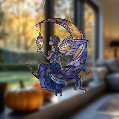 Moon Fairy Window Hanging with Lantern – Dreamy Night Sky Decor for Fantasy Lovers, Whimsical Celestial Art for Home or Gift Giving
