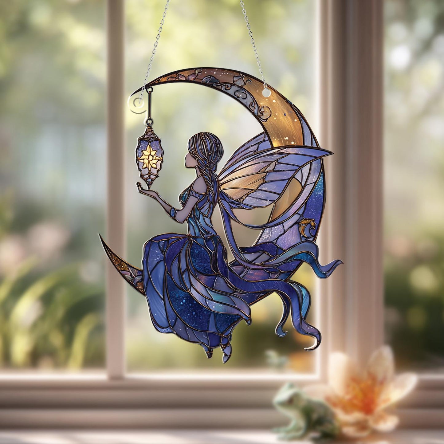 Moon Fairy Window Hanging with Lantern – Dreamy Night Sky Decor for Fantasy Lovers, Whimsical Celestial Art for Home or Gift Giving