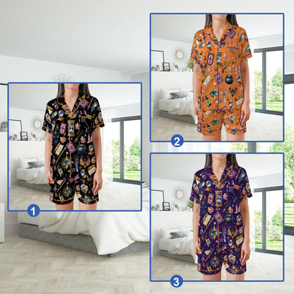 Witchy Halloween Satin Pajamas Set, Spooky Season Short Long Sleeve Pajama Set, Trick Or Treat Sleepwear, Witch Lover Pajamas Set