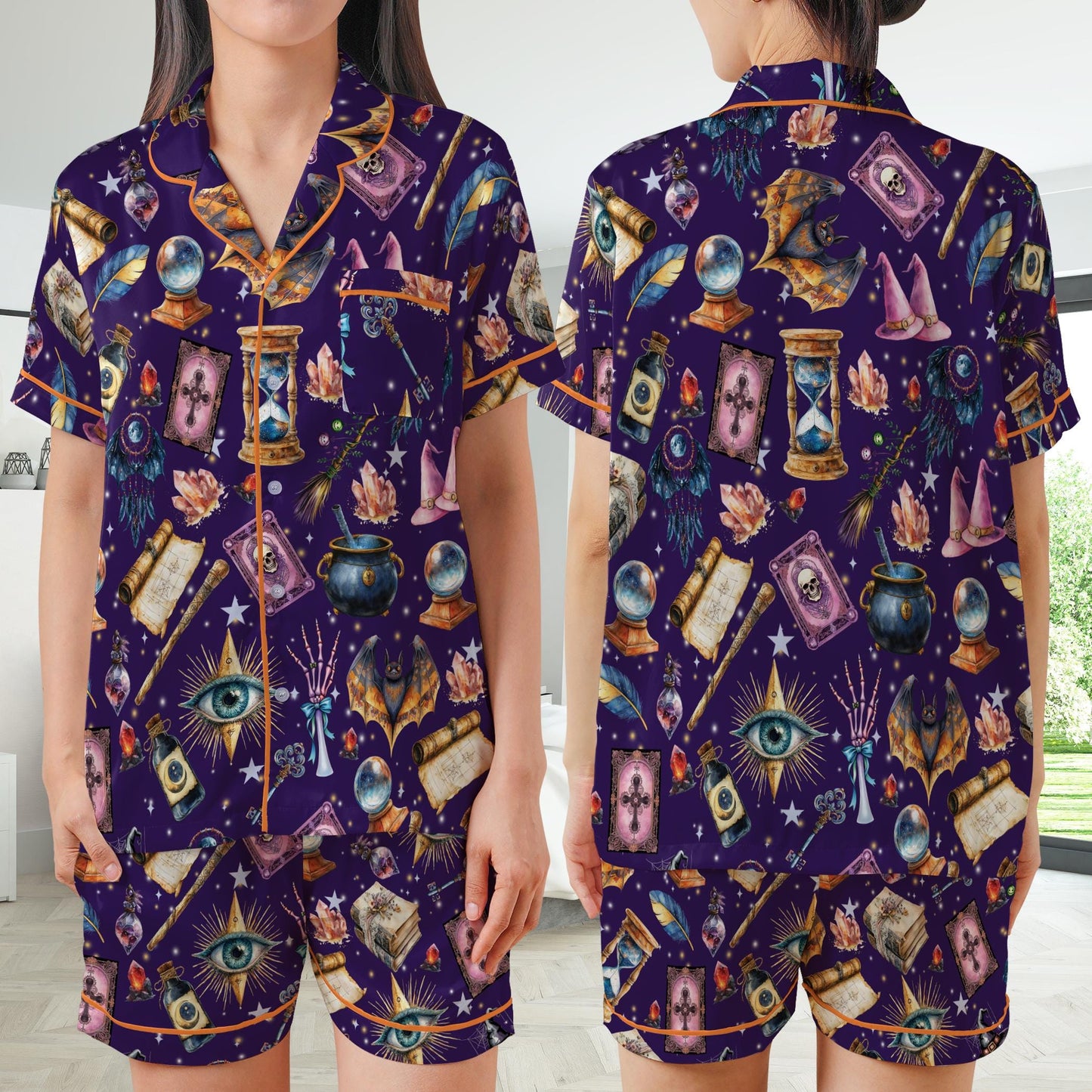 Witchy Halloween Satin Pajamas Set, Spooky Season Short Long Sleeve Pajama Set, Trick Or Treat Sleepwear, Witch Lover Pajamas Set