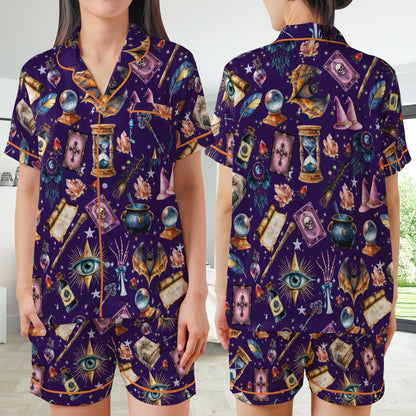 Witchy Halloween Satin Pajamas Set, Spooky Season Short Long Sleeve Pajama Set, Trick Or Treat Sleepwear, Witch Lover Pajamas Set