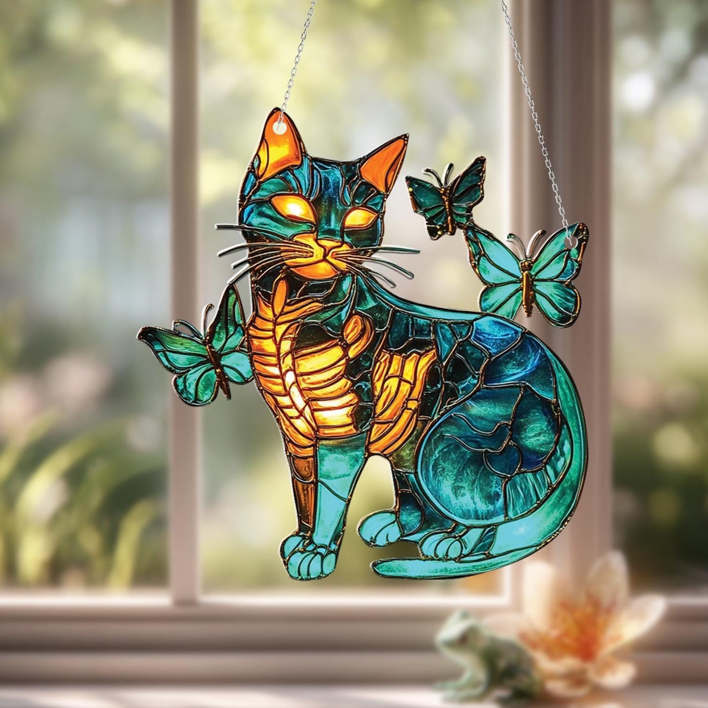 Cat with Butterflies Window Hanging, Whimsical Cat Window Decor, Butterfly Cat Art, Cute Animal Home Accent, Gift for Cat Lovers