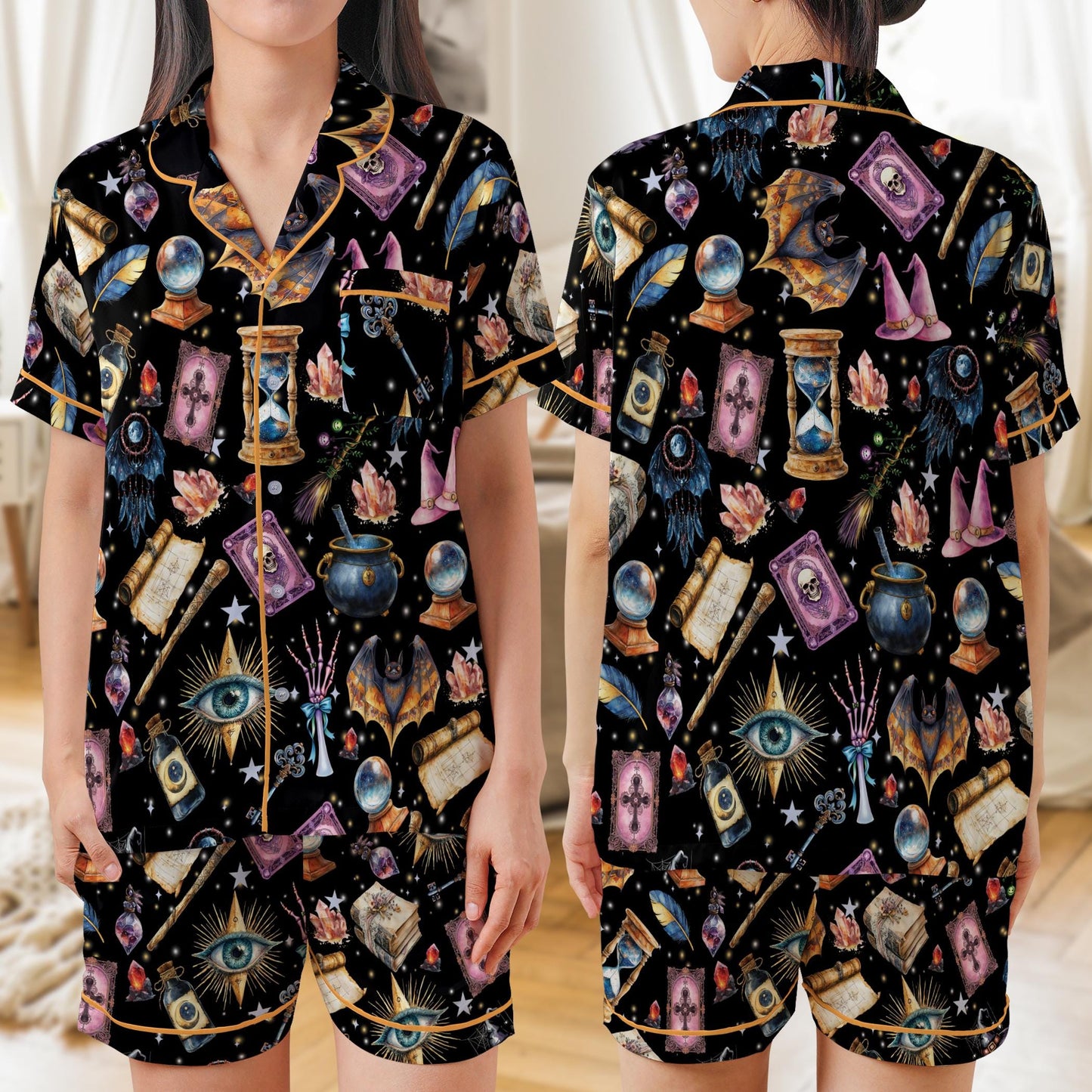 Witchy Magic Satin Pajama Set, Mystical Celestial Pajama Set, Gothic Halloween Sleepwear, Spooky Season Pajamas, Trick Or Treat Nightwear