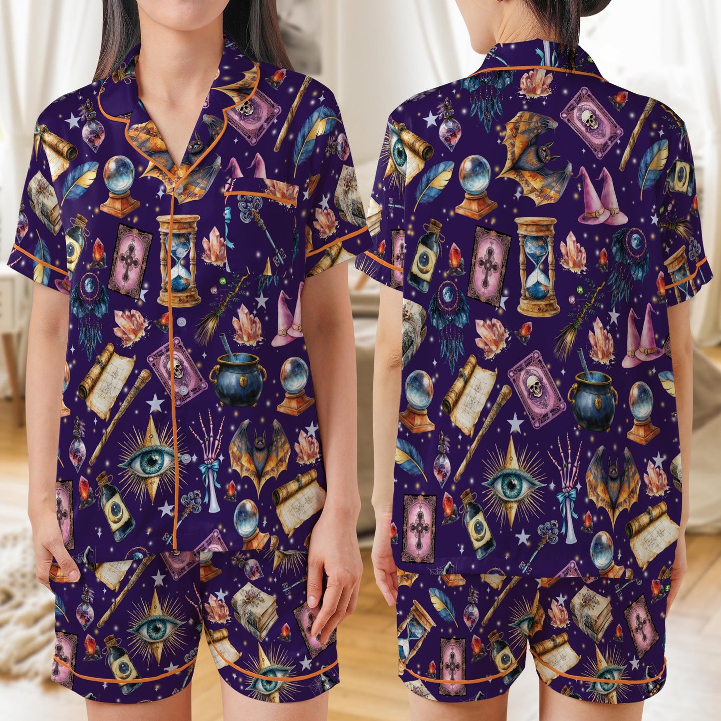 Witchy Magic Satin Pajama Set, Mystical Celestial Pajama Set, Gothic Halloween Sleepwear, Spooky Season Pajamas, Trick Or Treat Nightwear