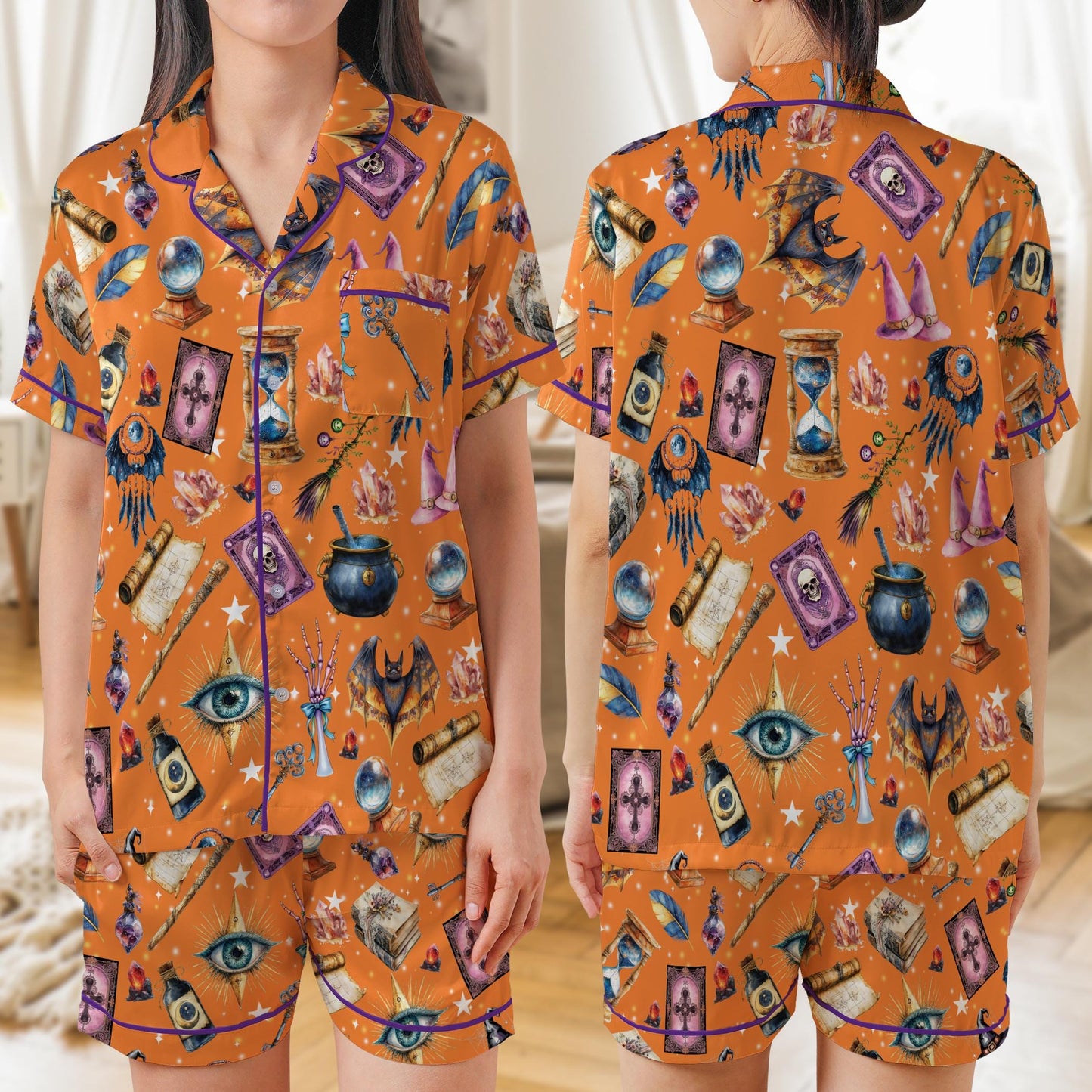 Witchy Magic Satin Pajama Set, Mystical Celestial Pajama Set, Gothic Halloween Sleepwear, Spooky Season Pajamas, Trick Or Treat Nightwear