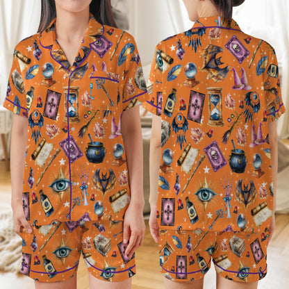 Witchy Magic Satin Pajama Set, Mystical Celestial Pajama Set, Gothic Halloween Sleepwear, Spooky Season Pajamas, Trick Or Treat Nightwear