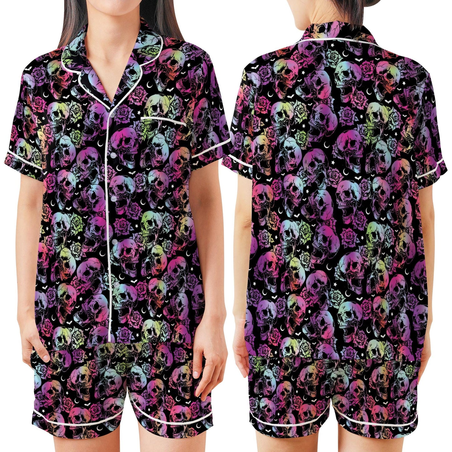 Gradient Skull Halloween Satin Pajamas Set, Spooky Season Pajama Set, Trick Or Treat Sleepwear, Skeleton Halloween Pajamas Set