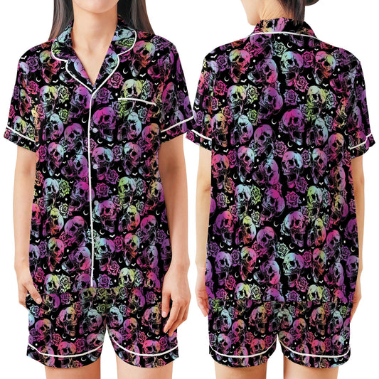 Gradient Skull Halloween Satin Pajamas Set, Spooky Season Pajama Set, Trick Or Treat Sleepwear, Skeleton Halloween Pajamas Set