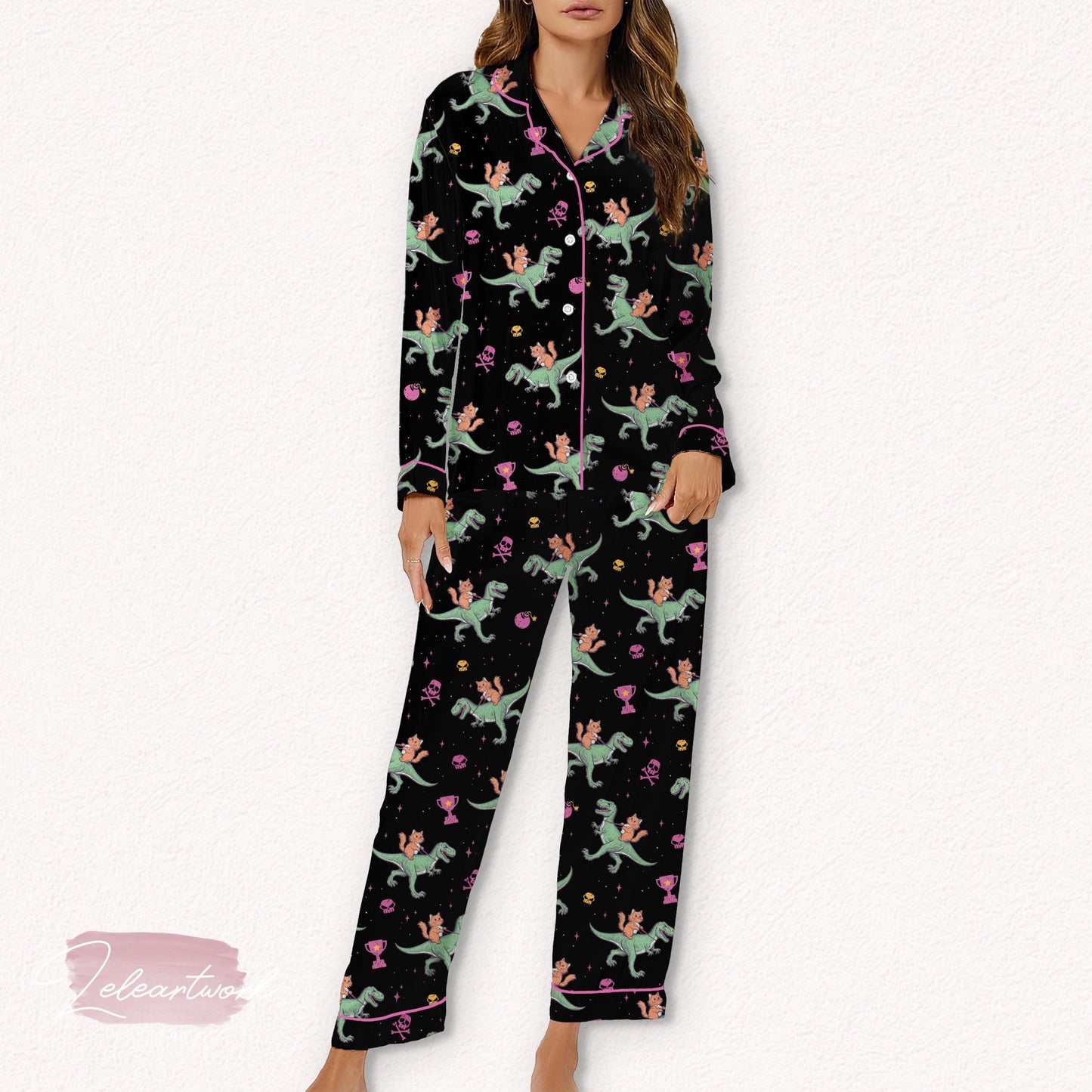 Princess Donut And Mongo Set – Funny Dino Rider Pajamas with Cats, Crowns And Donuts | Whimsical Loungewear for Cozy Sleep And Gift-Giving