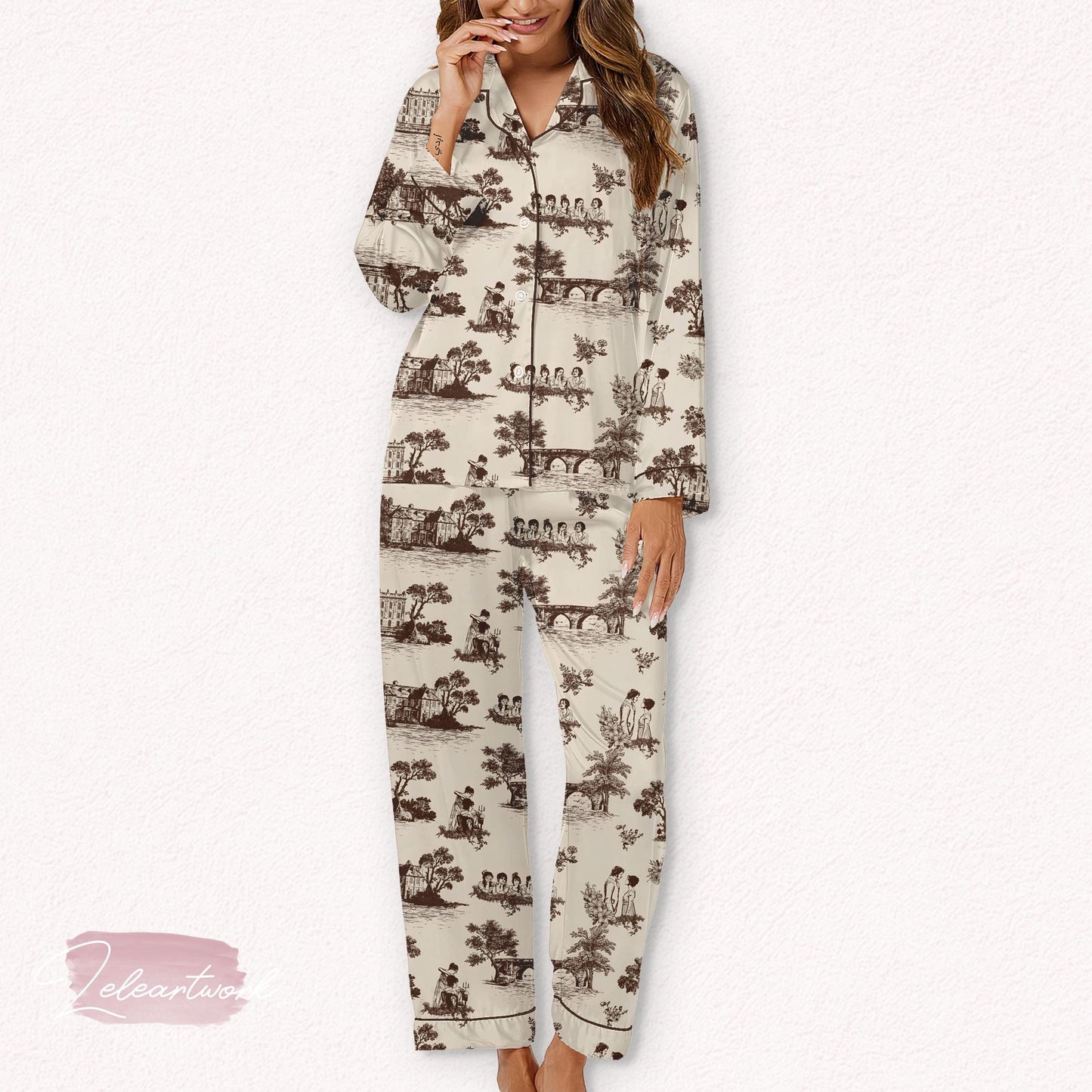 Pride and Prejudice Journal Set – Toile-Inspired Austen Pajamas with Pemberley Sketches | Regencycore Literary Sleep Set
