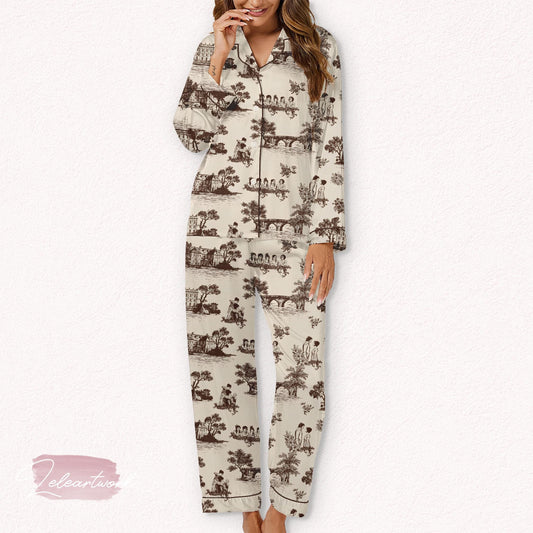 Pride and Prejudice Journal Set – Toile-Inspired Austen Pajamas with Pemberley Sketches | Regencycore Literary Sleep Set