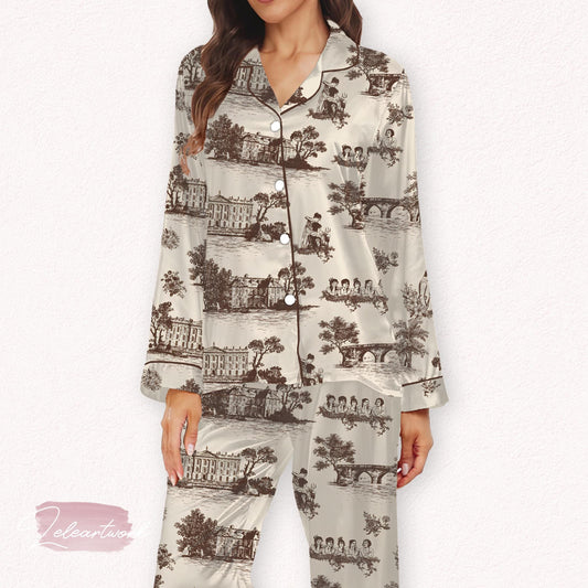 Pride and Prejudice Journal Set – Toile-Inspired Austen Pajamas with Pemberley Sketches | Regencycore Literary Sleep Set