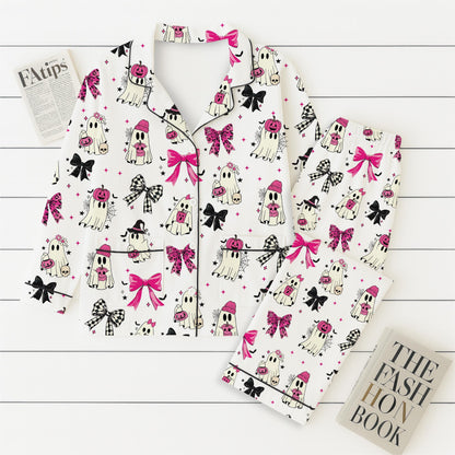 Halloween Pink Ghost And Bow Pajamas Set, Halloween Ghost Sleepwear, Fall Loungewear, Cozy Homewear, Spooky Season Gift, Halloween Gift