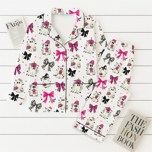 Halloween Pink Ghost And Bow Pajamas Set, Halloween Ghost Sleepwear, Fall Loungewear, Cozy Homewear, Spooky Season Gift, Halloween Gift