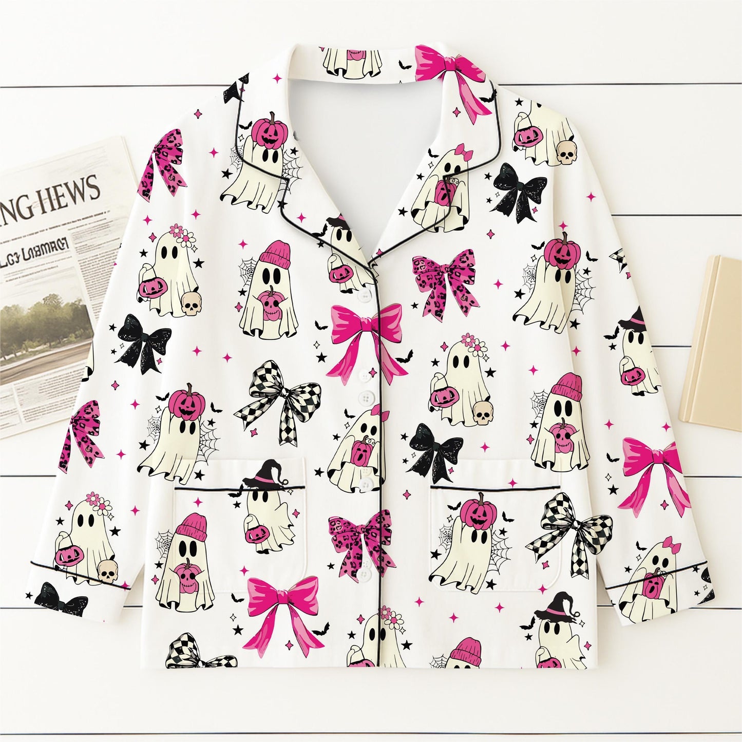 Halloween Pink Ghost And Bow Pajamas Set, Halloween Ghost Sleepwear, Fall Loungewear, Cozy Homewear, Spooky Season Gift, Halloween Gift