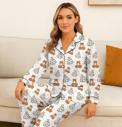 Halloween Ghost And Bow Pajamas Set, Halloween Cute Ghost Sleepwear, Cozy Loungewear, Spooky Season Gift, Fall Season Nightwear