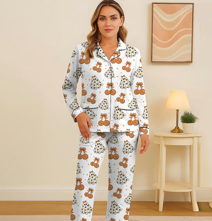 Halloween Ghost And Bow Pajamas Set, Halloween Cute Ghost Sleepwear, Cozy Loungewear, Spooky Season Gift, Fall Season Nightwear