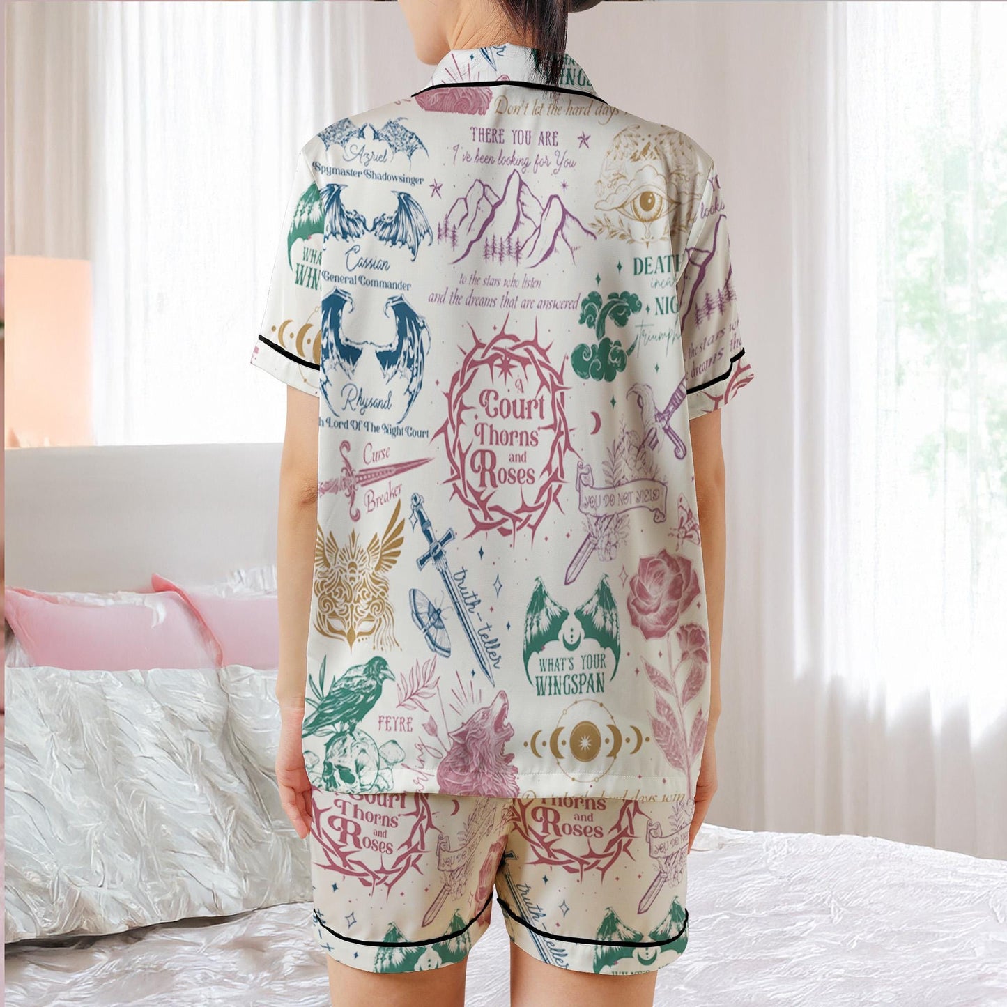 ACOTAR Court Symbols Satin Pajama Set, The Night Court Pajamas, Velaris Acotar Pajama Set, Fantasy Bookish Sleepwear, Book Lover Pajamas