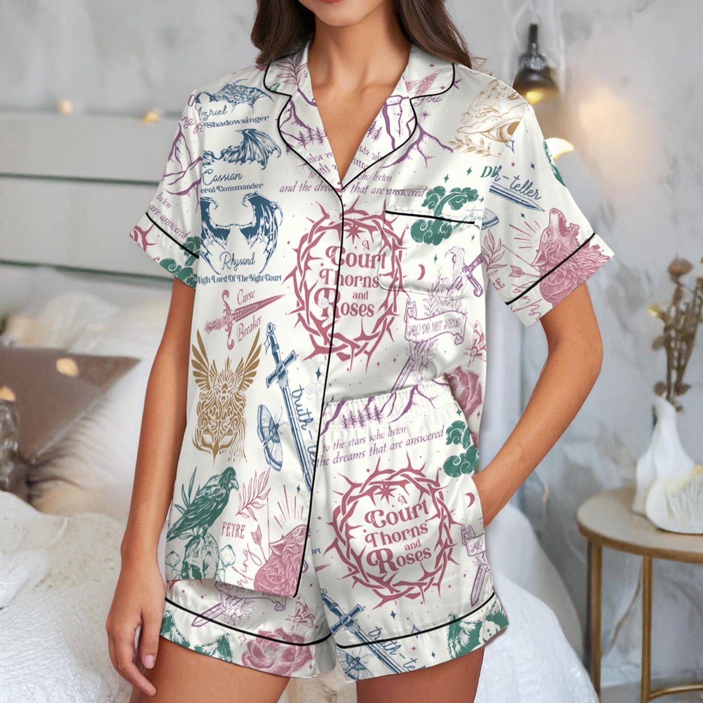 ACOTAR Court Symbols Satin Pajama Set, The Night Court Pajamas, Velaris Acotar Pajama Set, Fantasy Bookish Sleepwear, Book Lover Pajamas