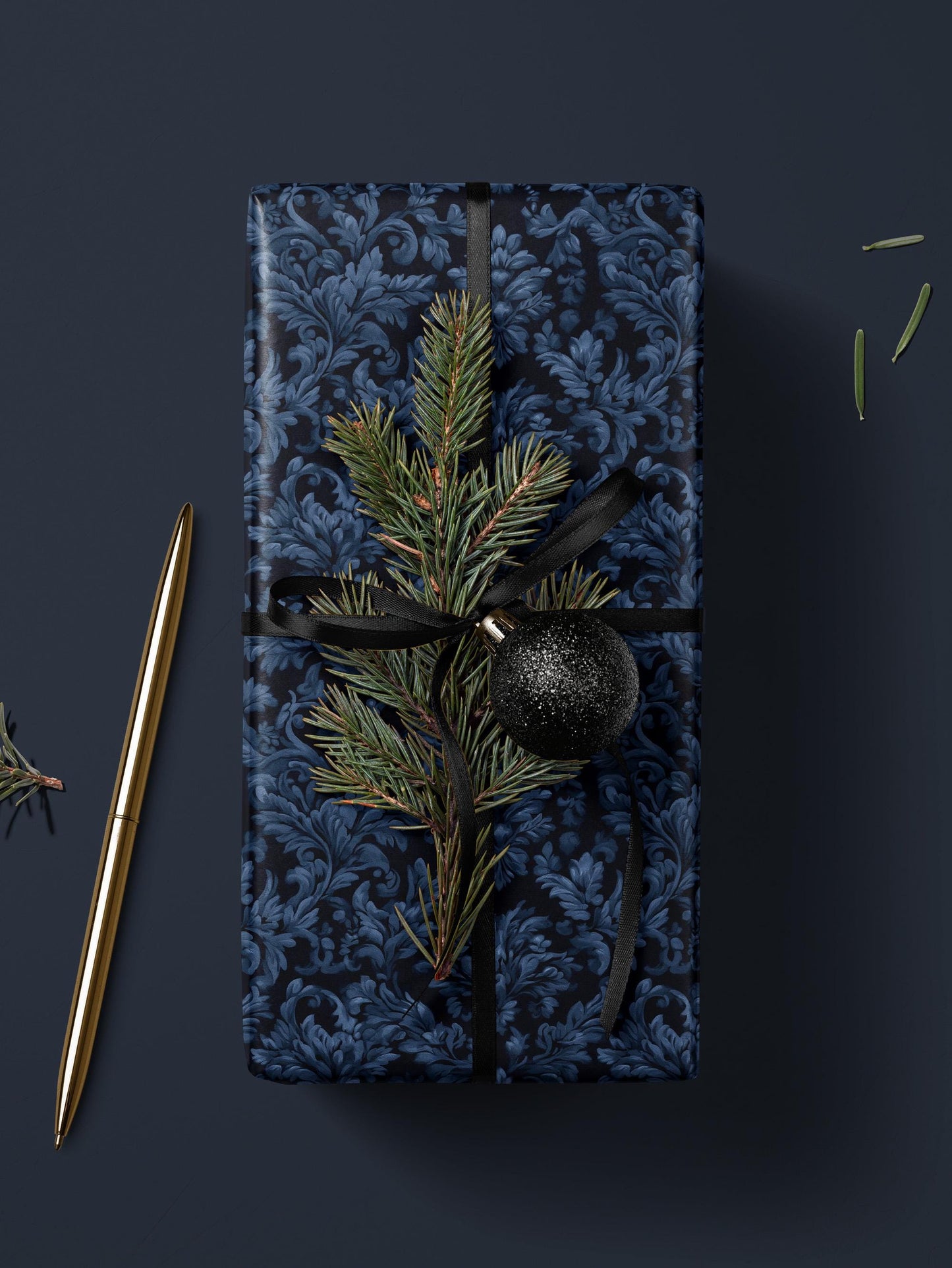 Blue Flower Gift Wrap Dark Blue Floral Damask Design Flower Wrapping Paper Botanical Gift Wrap for Her Wrapping Paper Wedding Gift Idea