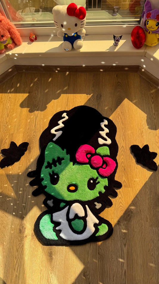 Frankenstein Kitty Halloween Rug – Custom Tufted Spooky Cute Carpet, Fluffy Kawaii Monster Decor for Anime Fans and Halloween Lovers