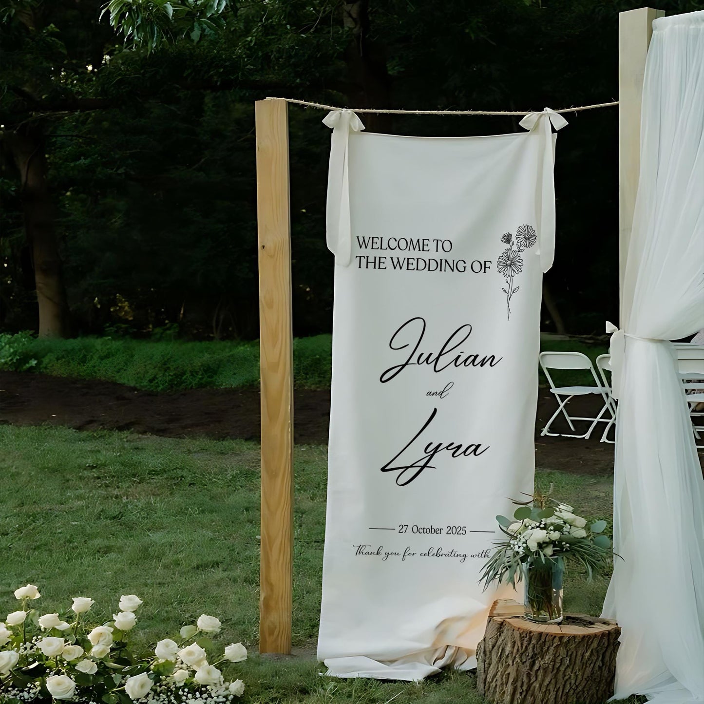 Personalized Wedding Welcome Sign, Custom Fabric Banner for Outdoor Ceremony, Elegant Personalized Bride and Groom Sign, Wedding Backdrop