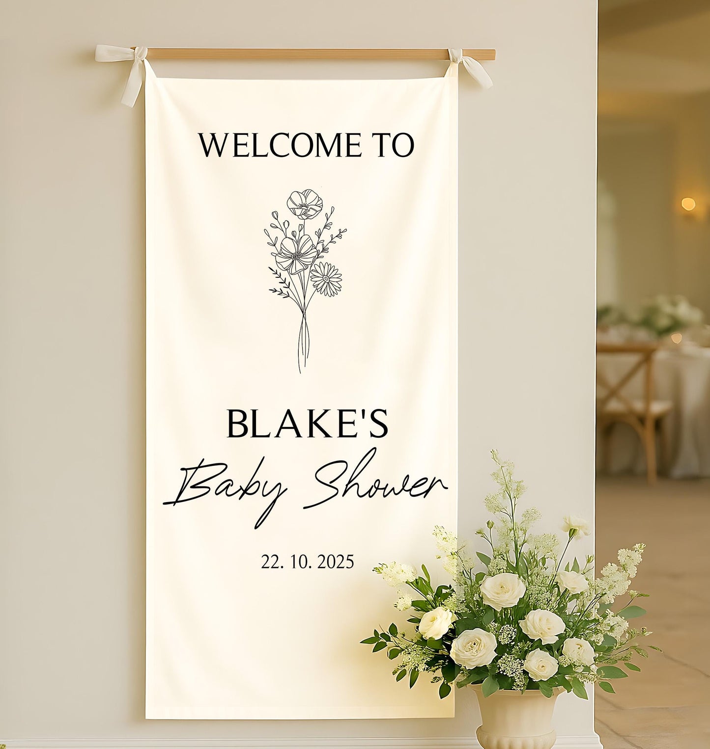 Custom Baby Shower Welcome Banner, Personalized Linen Baby Shower Sign, Neutral Boho Baby Shower Decor, Rustic Modern Baby Shower Backdrop