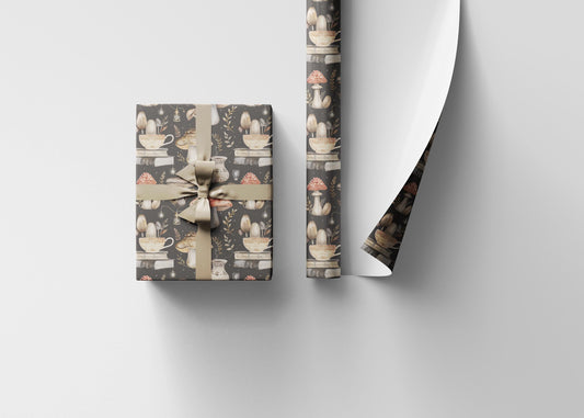 Bookish Mushroom Wrapping Paper | Whimsical mushroom Fun Toadstool Gift Wrap for Book Lover Dark Cottagecore Forest Packaging Aesthetic