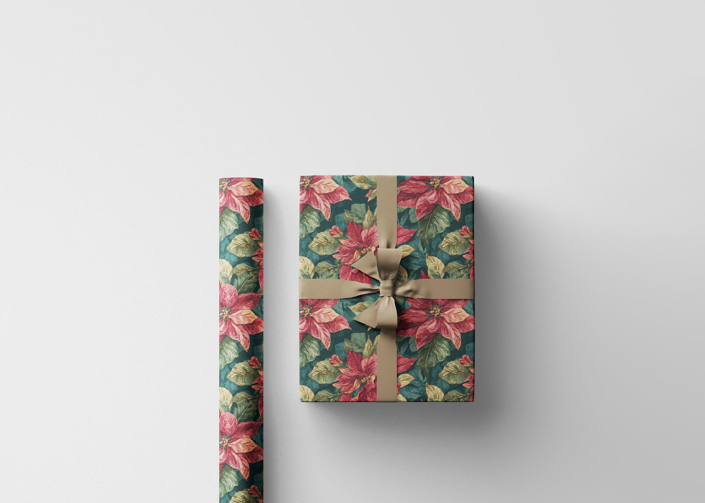 Poinsettia Christmas Wrapping Paper Roll, Watercolor Floral Gift Wrap for Elegant Winter Holiday Packaging #1