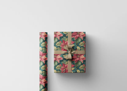 Poinsettia Christmas Wrapping Paper Roll, Watercolor Floral Gift Wrap for Elegant Winter Holiday Packaging #1