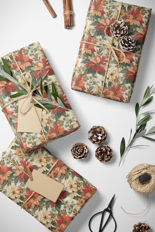 Floral Christmas Wrapping Paper Roll, Watercolor Poinsettia Design for Winter Holiday Gift Wrapping #4