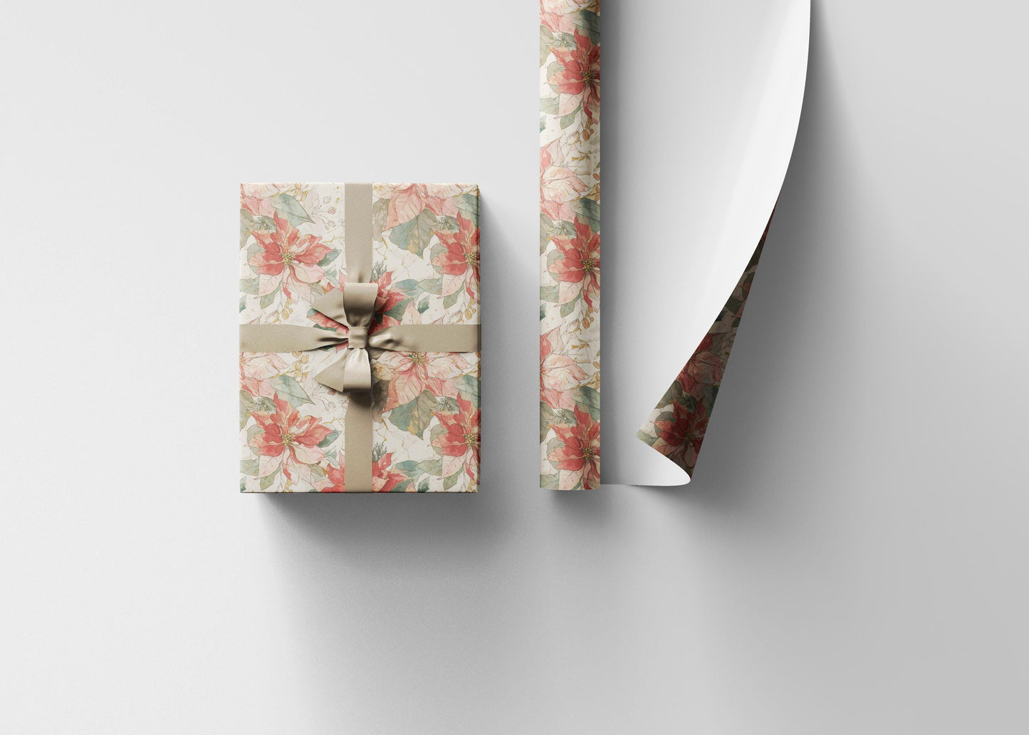 Premium Christmas Wrapping Paper Roll with Watercolor Poinsettias, Elegant Floral Gift Wrap Design #12