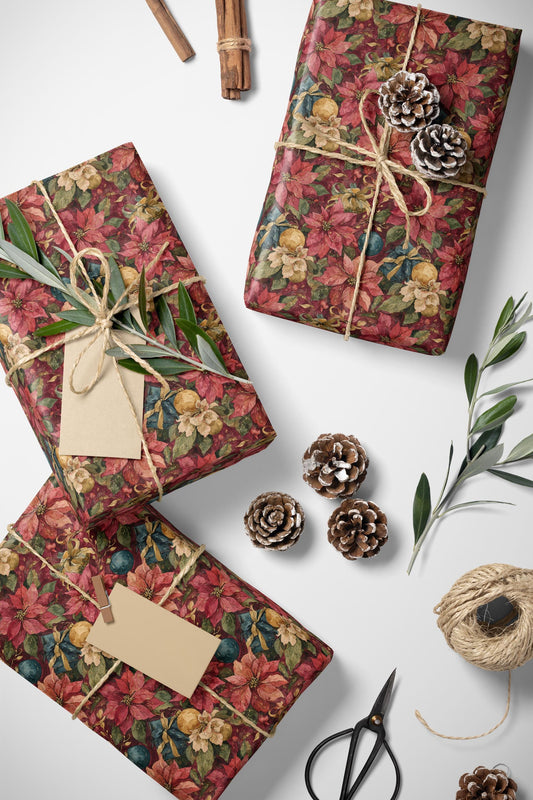 Watercolor Floral Christmas Wrapping Paper Roll, Poinsettia Gift Wrap for Winter Weddings or Holidays #11