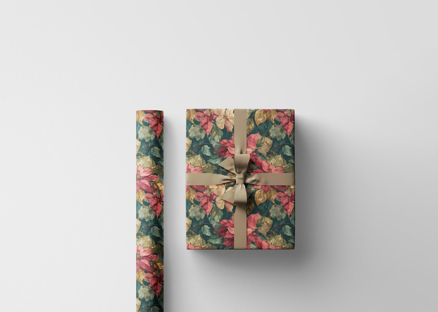 Watercolor Poinsettia Christmas Wrapping Paper Roll, Elegant Red Floral Gift Wrap for Holiday Packaging #3
