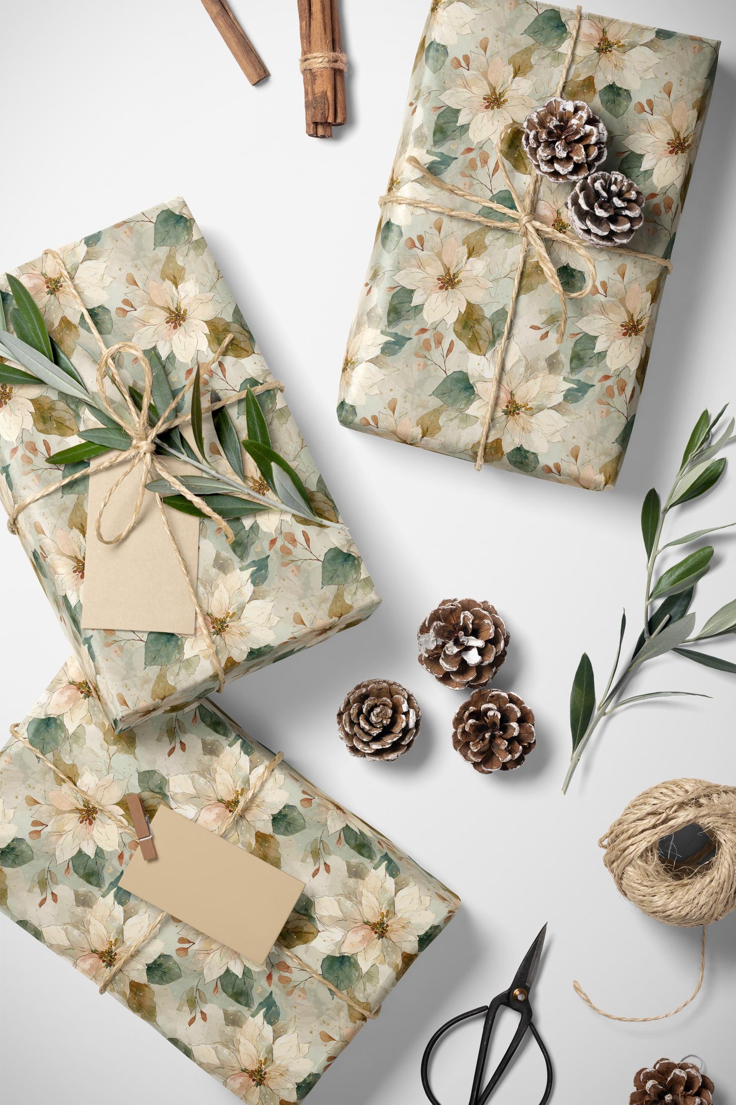 Watercolor Christmas Wrapping Paper Roll with Poinsettia Flowers, Elegant Winter Gift Wrap Idea #18