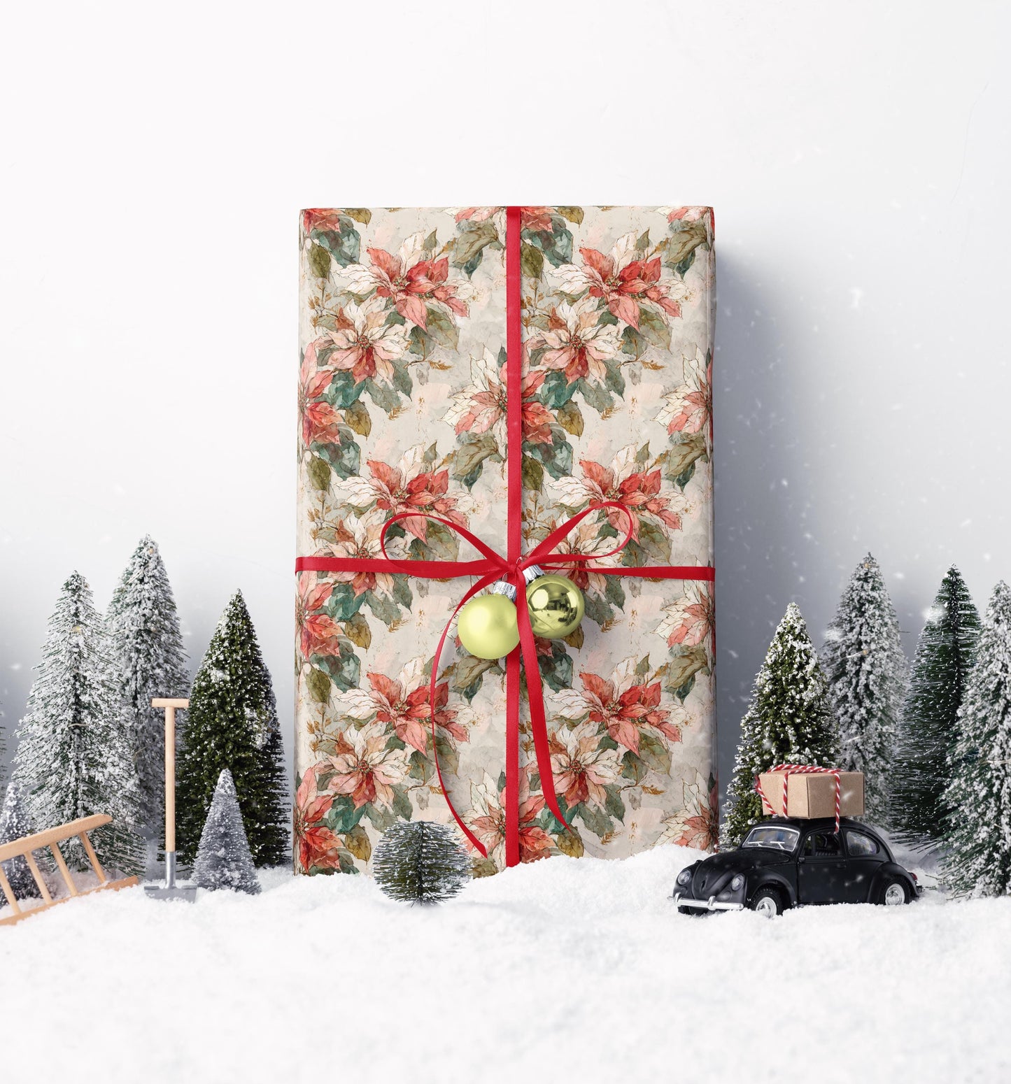 Watercolor Poinsettia Holiday Wrapping Paper Roll, Floral Christmas Gift Wrap for Winter Celebrations #13