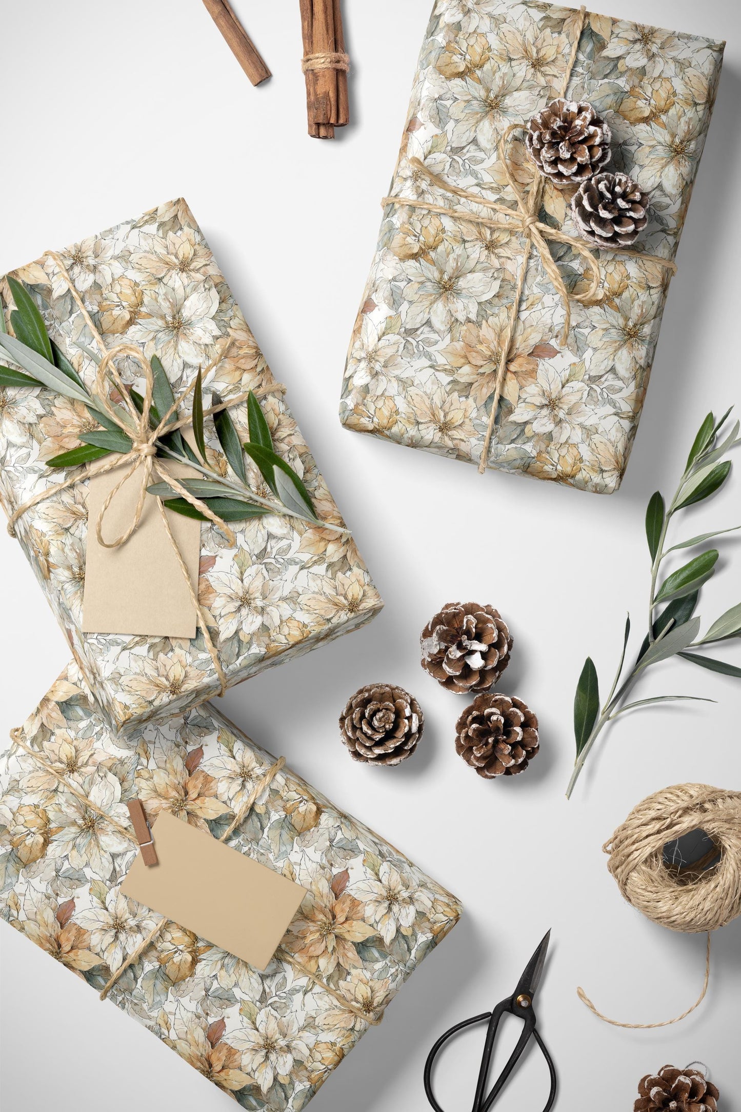 Premium Watercolor Wrapping Paper Roll with Christmas Poinsettias and Winter Floral Pattern #23